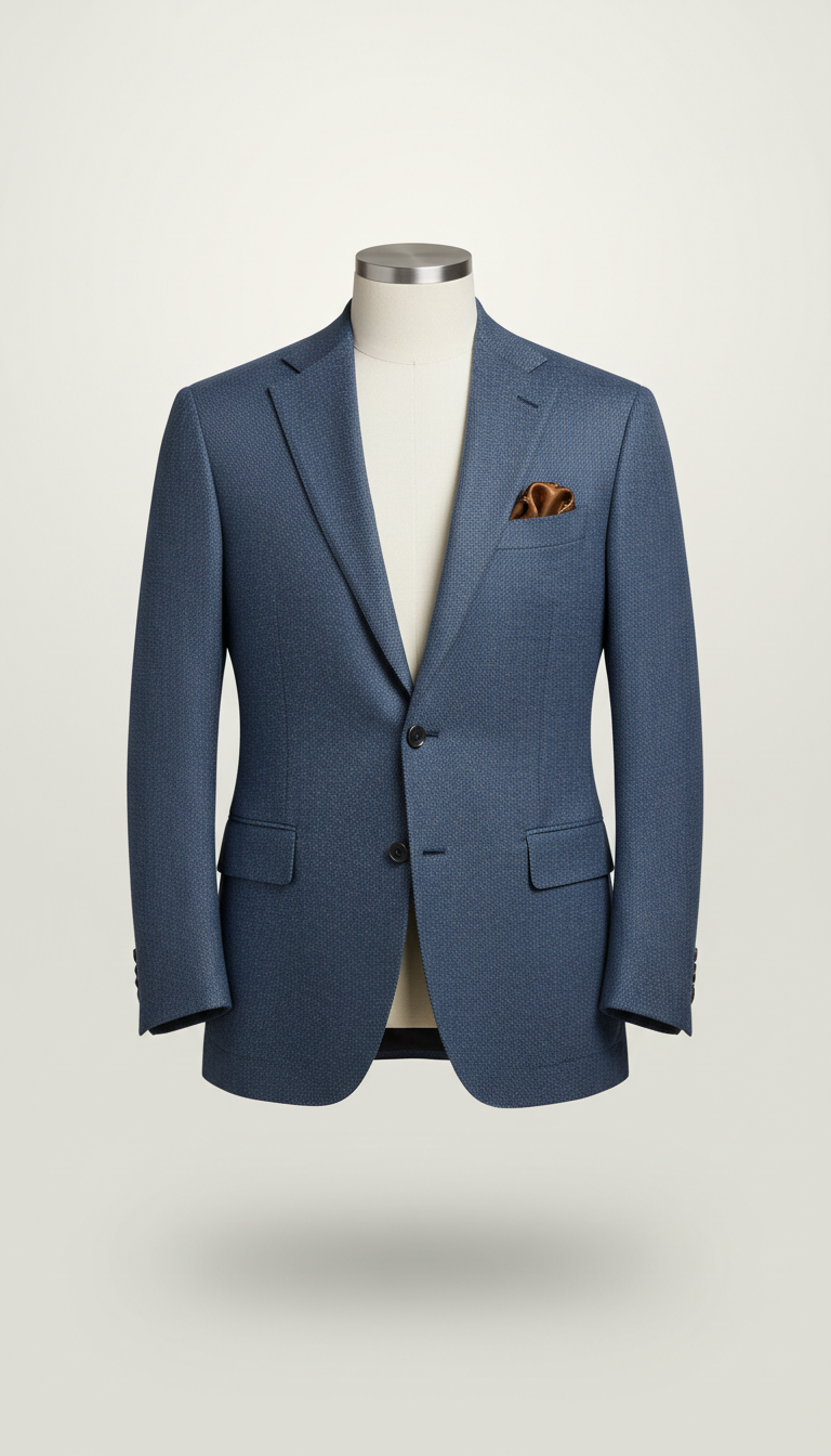 Slate Blue Herringbone Blazer with Pocket Square