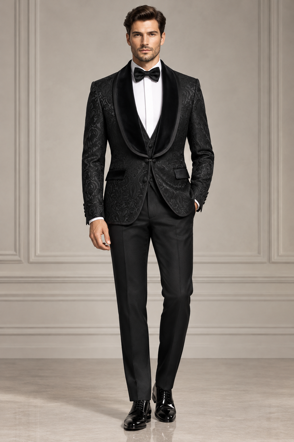 Front view of a model wearing a black patterned tuxedo with shawl lapels, white shirt and black bow tie.