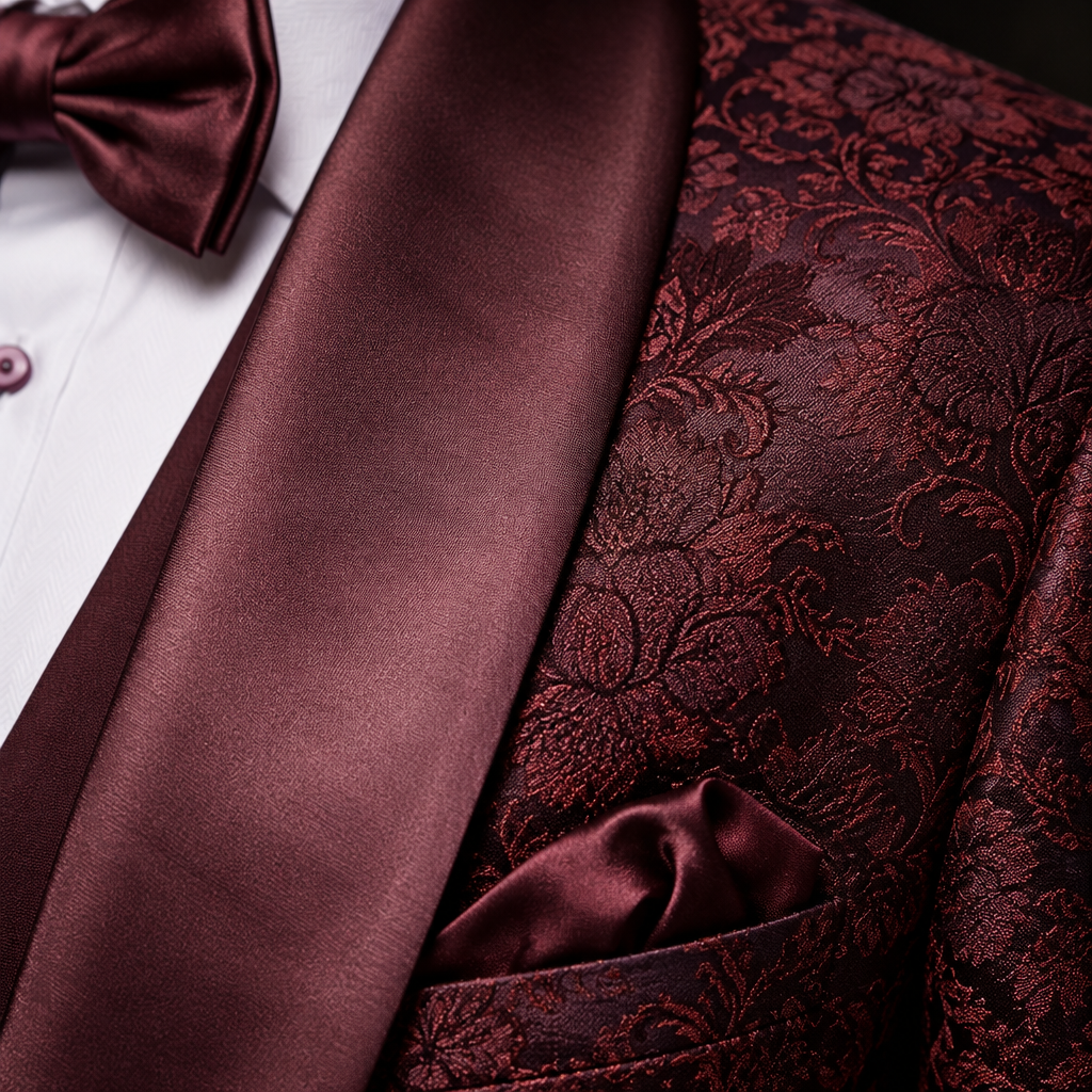 Close-up of the burgundy shawl lapel and floral pattern on the Classic Formal Tuxedo Suit jacket.