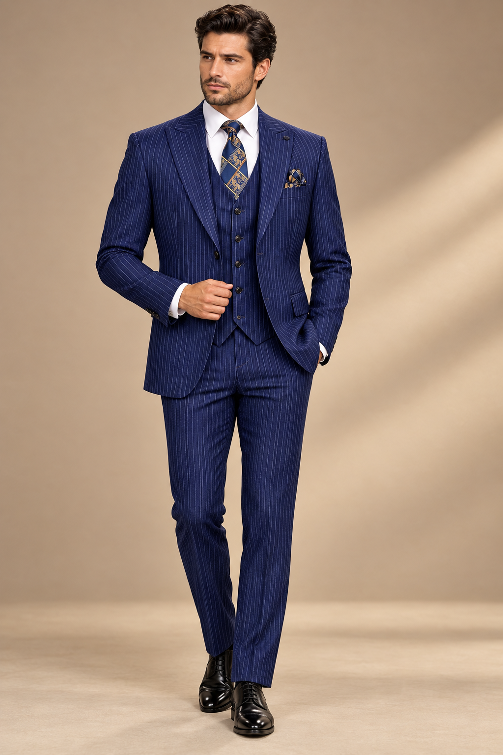 Model wearing a navy pinstripe three-piece suit with a white shirt, patterned tie and black shoes.