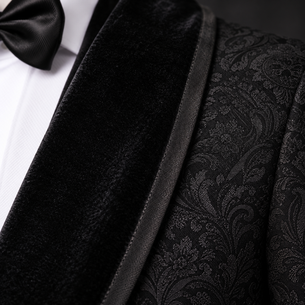 Close-up of the shawl lapel and floral pattern on the Black Formal Wear Tuxedo jacket.