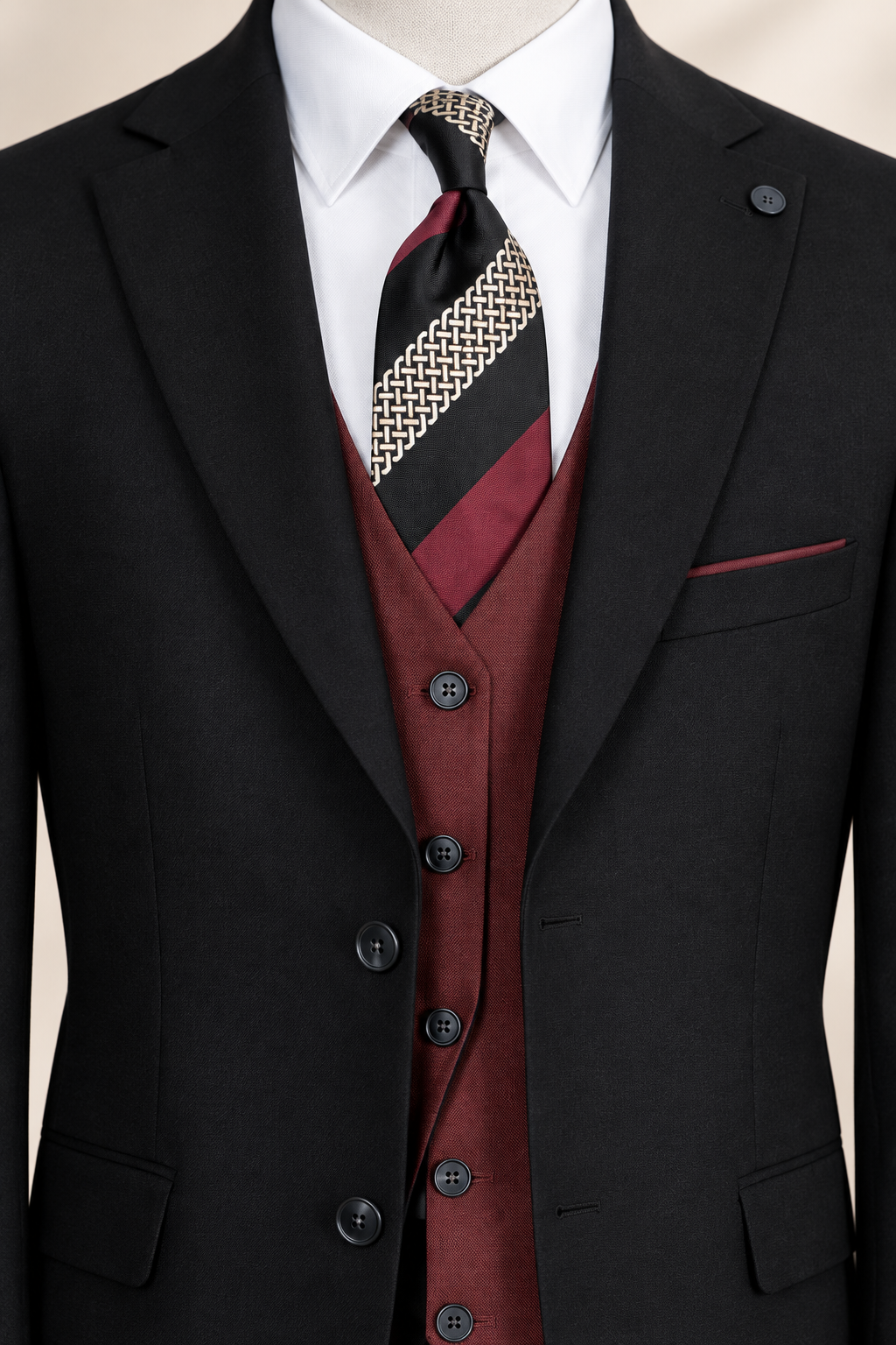 Close-up of the black suit jacket lapel and burgundy V-front vest with dark buttons.