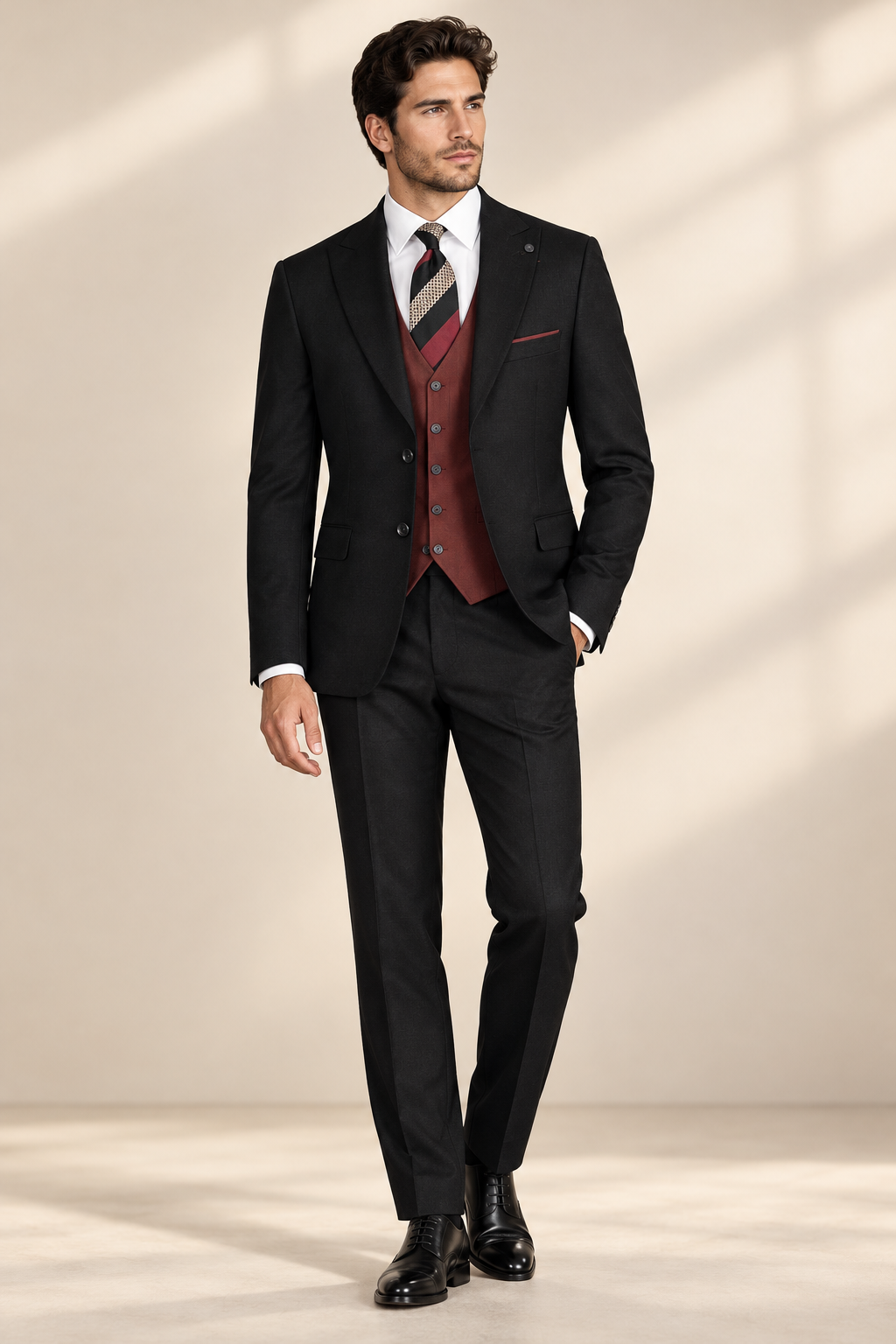 Model wearing a black three-piece suit with a burgundy vest, white shirt, striped tie and black shoes.