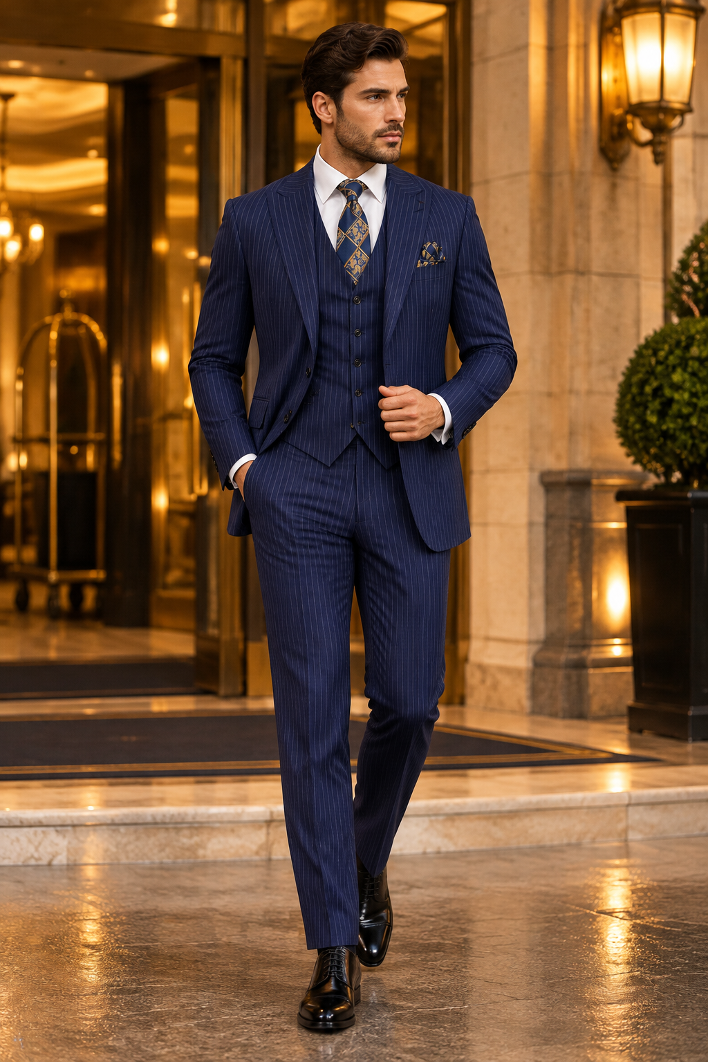 Model wearing a navy pinstripe three-piece suit with a white shirt and patterned tie at a hotel entrance.