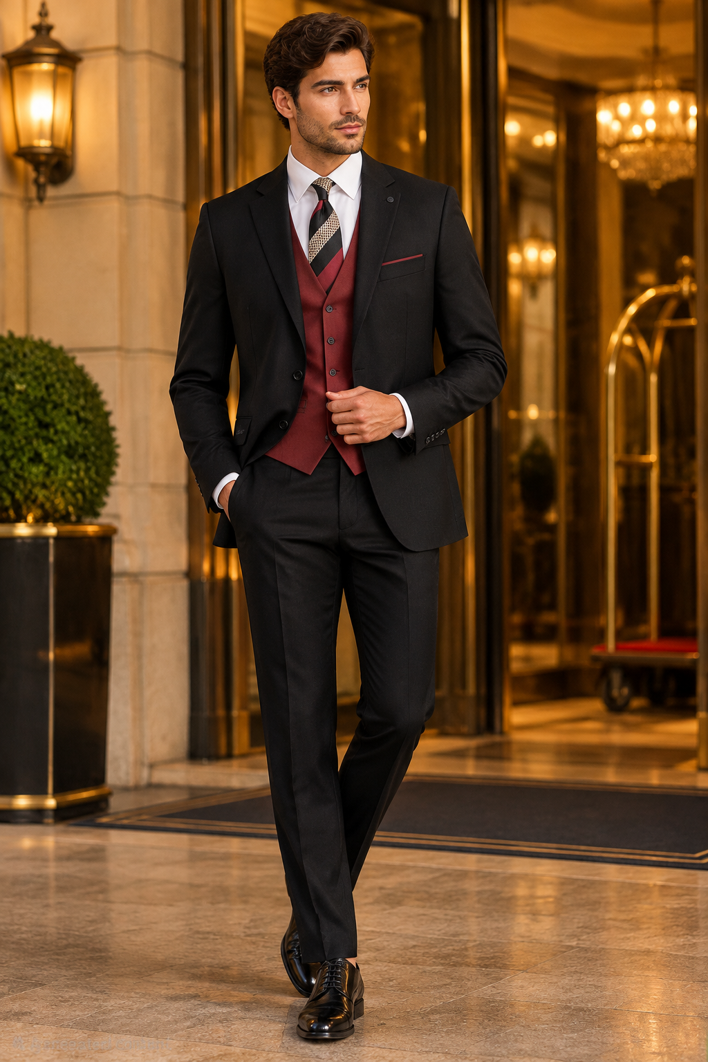 Model wearing a black three-piece suit with a burgundy vest and striped tie at an elegant hotel entrance.