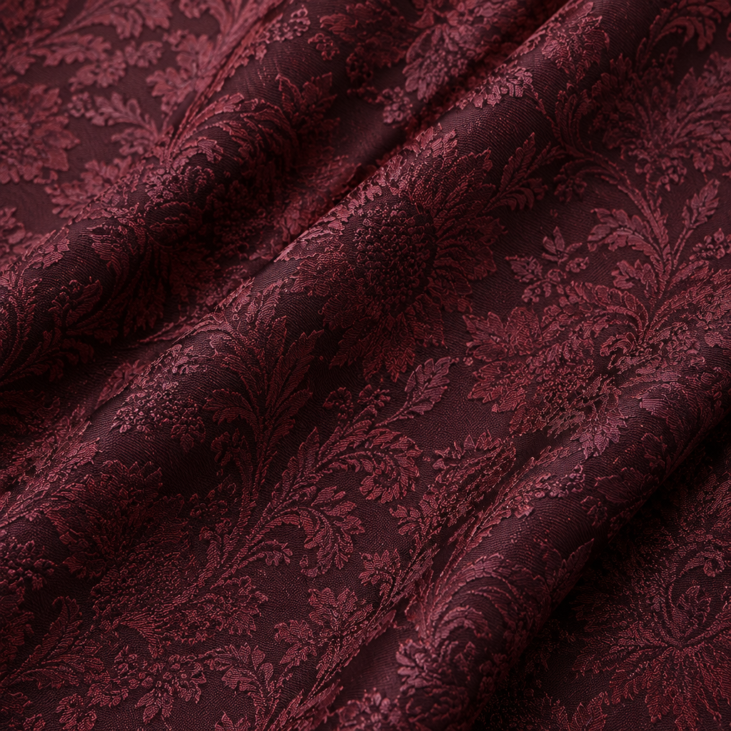 Close-up of the burgundy floral-patterned fabric on the Classic Formal Tuxedo Suit.