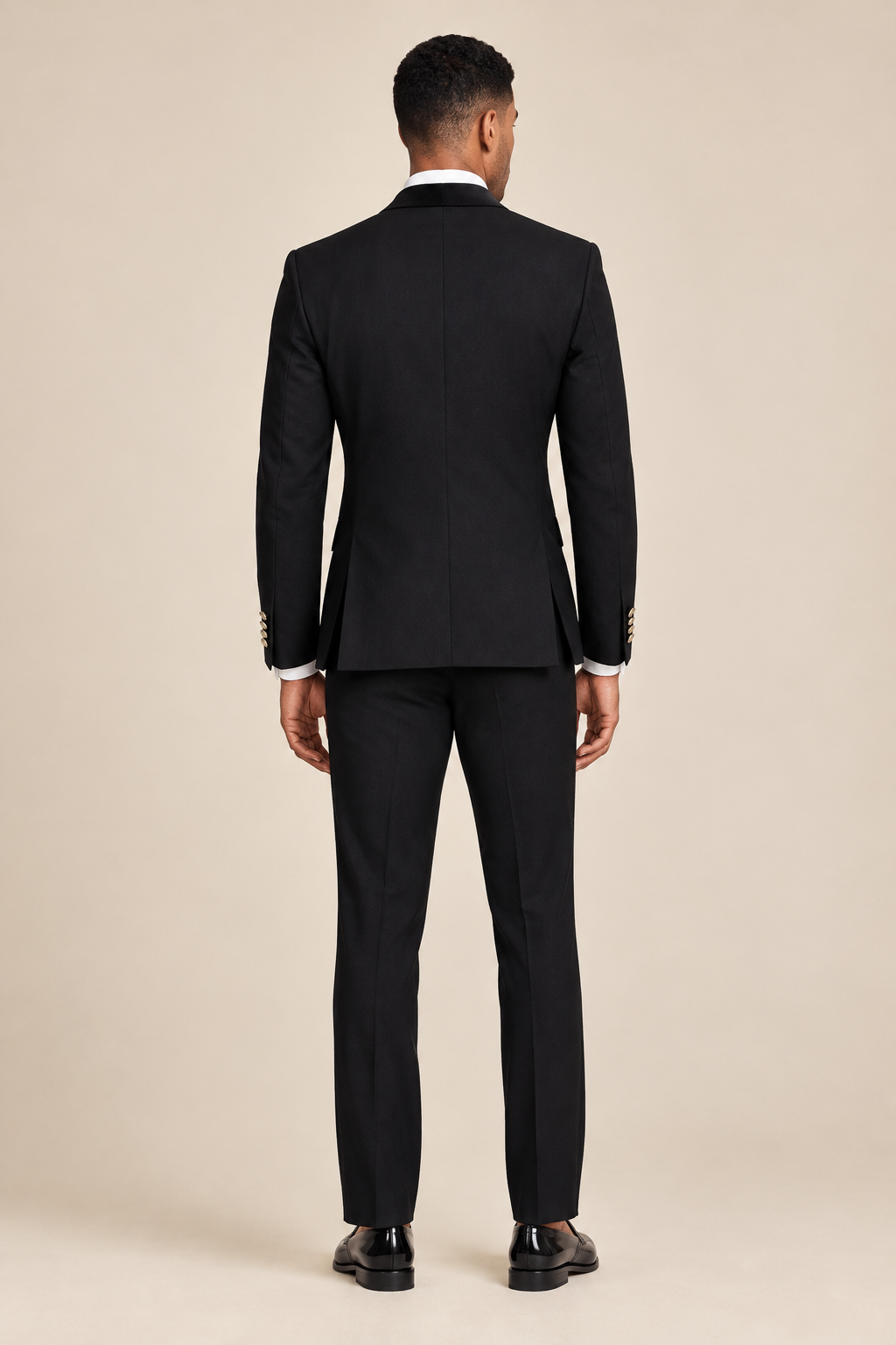 AI-illustrated rear view of the black double-breasted tuxedo with matching trousers.