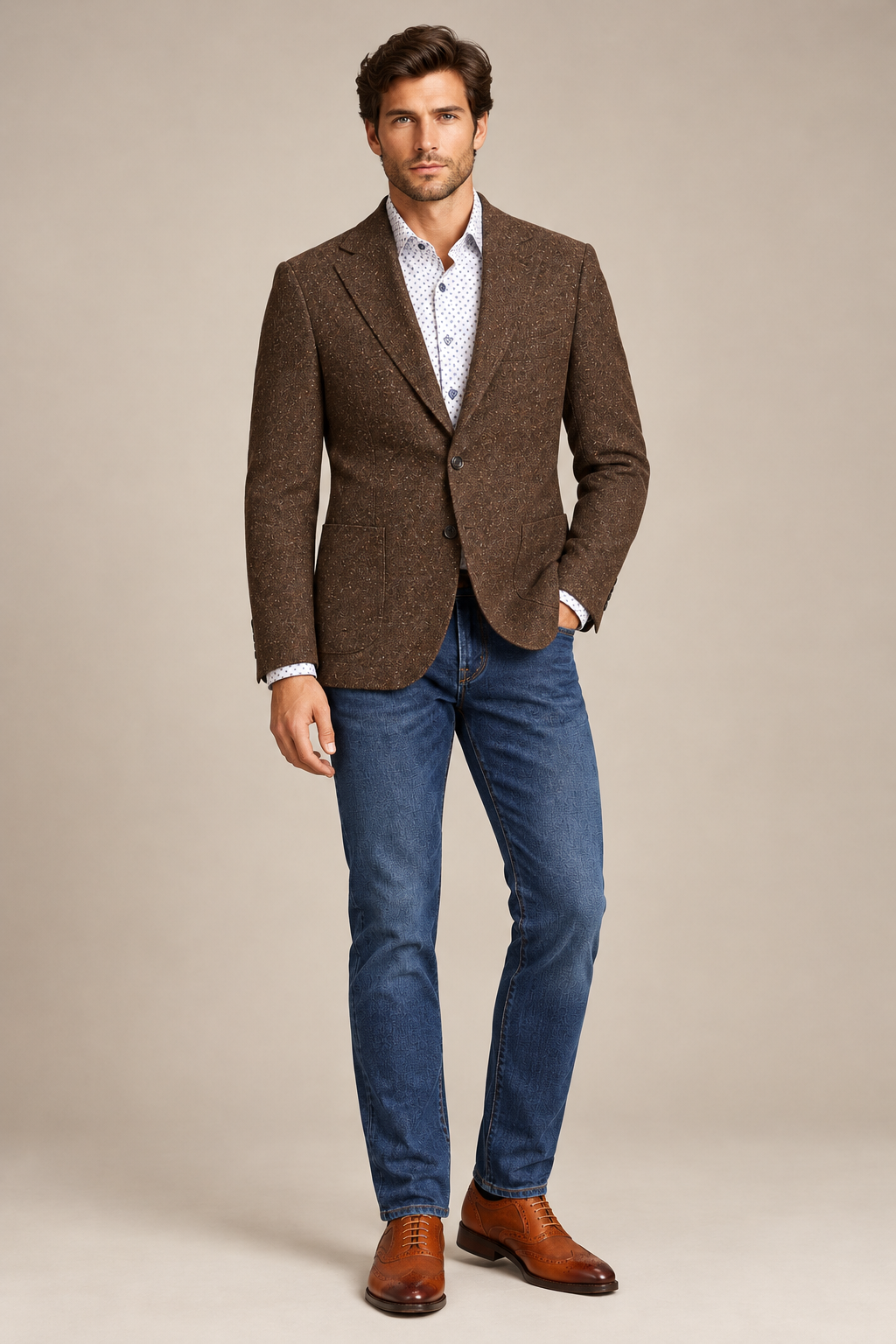 Front view of a model wearing the Brown Tweed Blazer Jacket with a white shirt and dark denim.