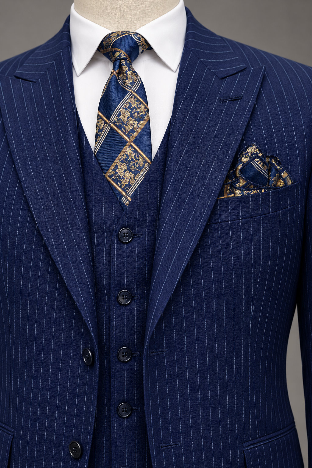 Close-up of the peak lapel and matching V-front vest of the navy pinstripe three-piece suit.